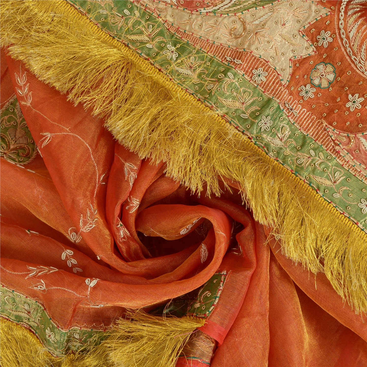 Sanskriti Vintage Wedding Dupatta Tissue Orange Hand Beaded Zardozi Stole