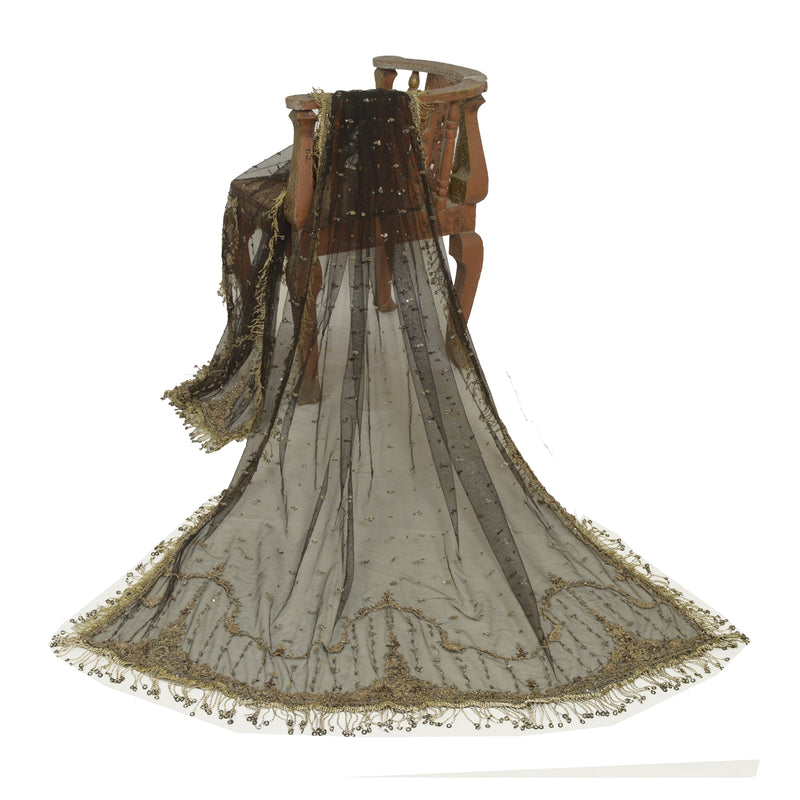 Sanskriti Vintage Net Mesh Black Long Dupatta Hand Beaded Zardozi Wrap Stole Uses-Table linen, Cushions, Curtains, Dressing, Upcycling,