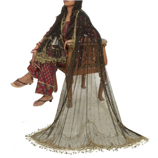 Sanskriti Vintage Long Dupatta Net Mesh Black Hand Beaded Zardozi Wrap Stole