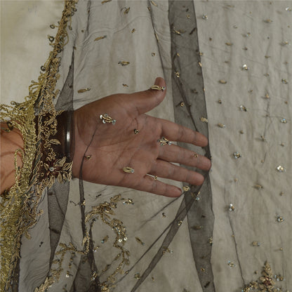 Sanskriti Vintage Long Dupatta Net Mesh Black Hand Beaded Zardozi Wrap Stole