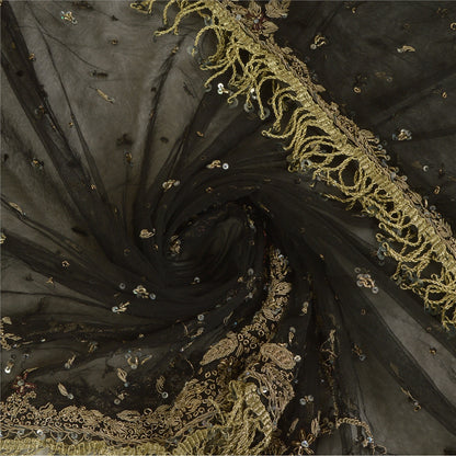 Sanskriti Vintage Long Dupatta Net Mesh Black Hand Beaded Zardozi Wrap Stole