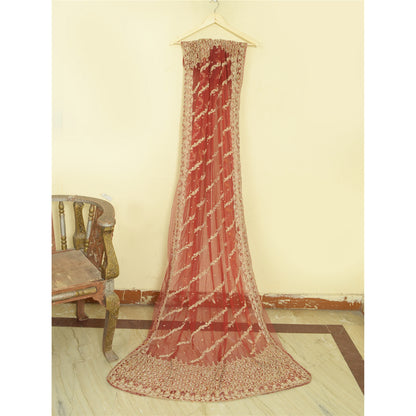 Sanskriti Vintage Long Dupatta Net Mesh Red Hand Beaded Zardozi Wedding Stole