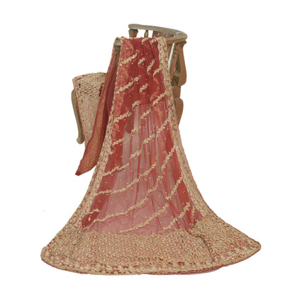 Sanskriti Vintage Long Dupatta Net Mesh Red Hand Beaded Zardozi Wedding Stole