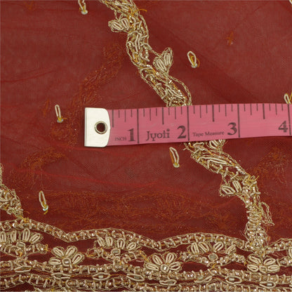 Sanskriti Vintage Long Dupatta Net Mesh Red Hand Beaded Zardozi Wedding Stole
