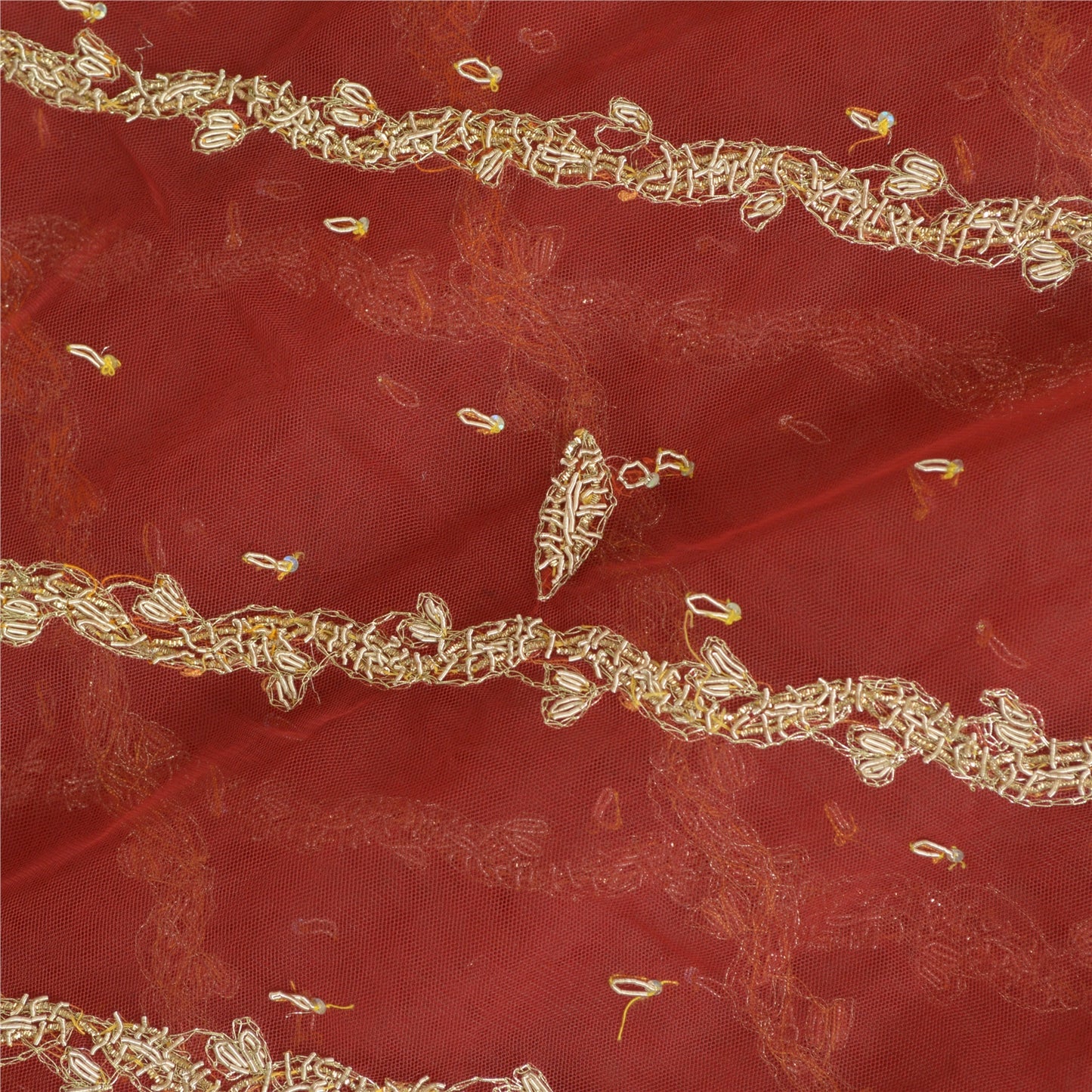 Sanskriti Vintage Long Dupatta Net Mesh Red Hand Beaded Zardozi Wedding Stole