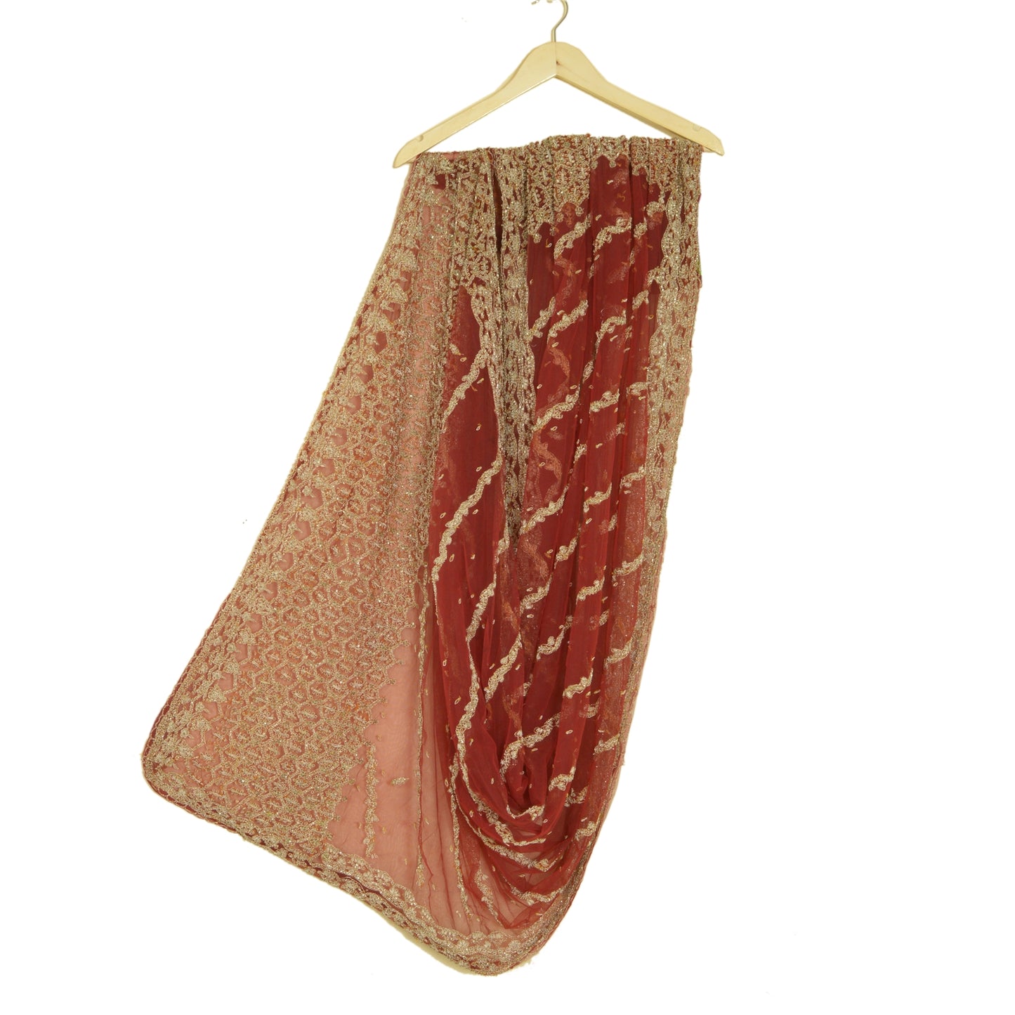 Sanskriti Vintage Long Dupatta Net Mesh Red Hand Beaded Zardozi Wedding Stole