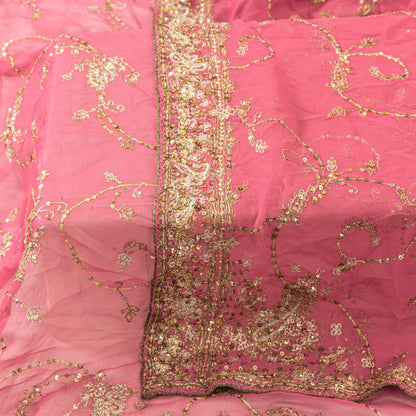 Sanskriti Vintage Pink Pure Georgette Silk Dupatta Stole Embroidered Zari Sequins Create Dresses, Kaftan, Skirt, Projects Decor, Sewing