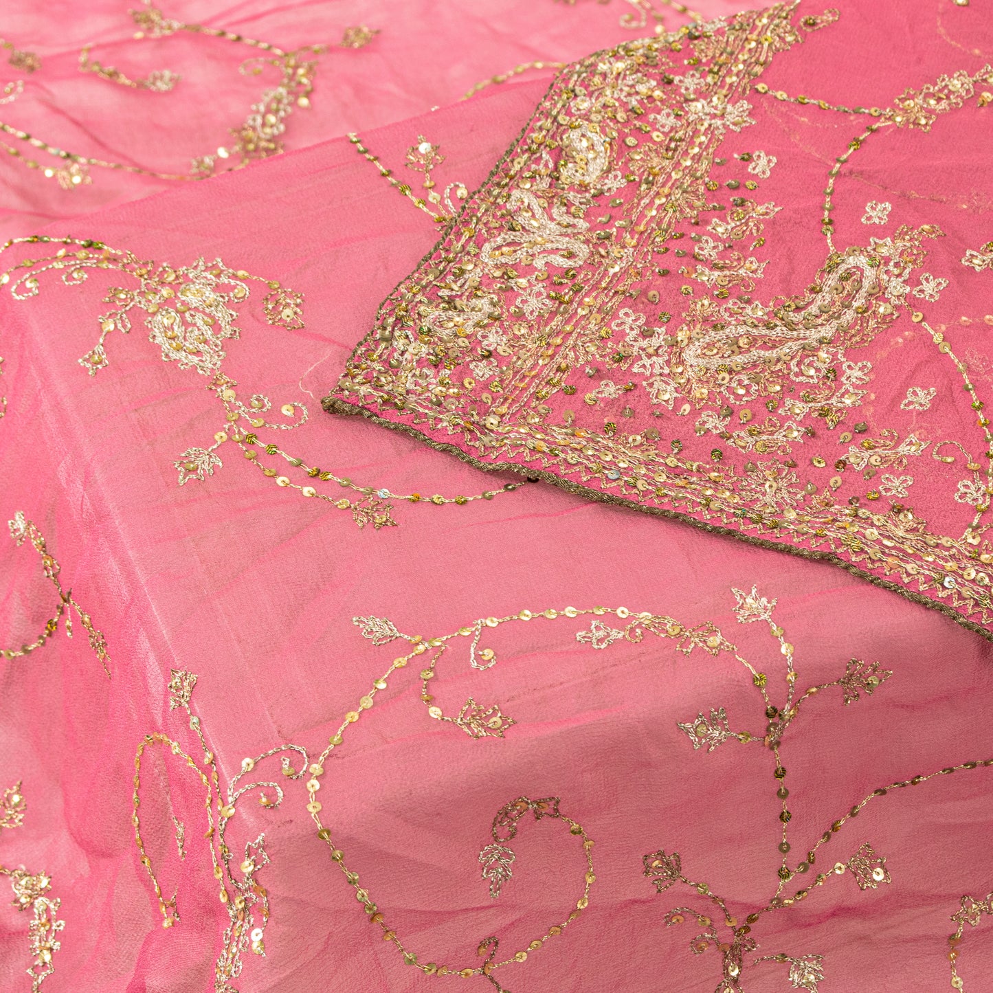 Sanskriti Vintage Pink Pure Georgette Silk Dupatta Stole Embroidered Zari Sequins Create Dresses, Kaftan, Skirt, Projects Decor, Sewing