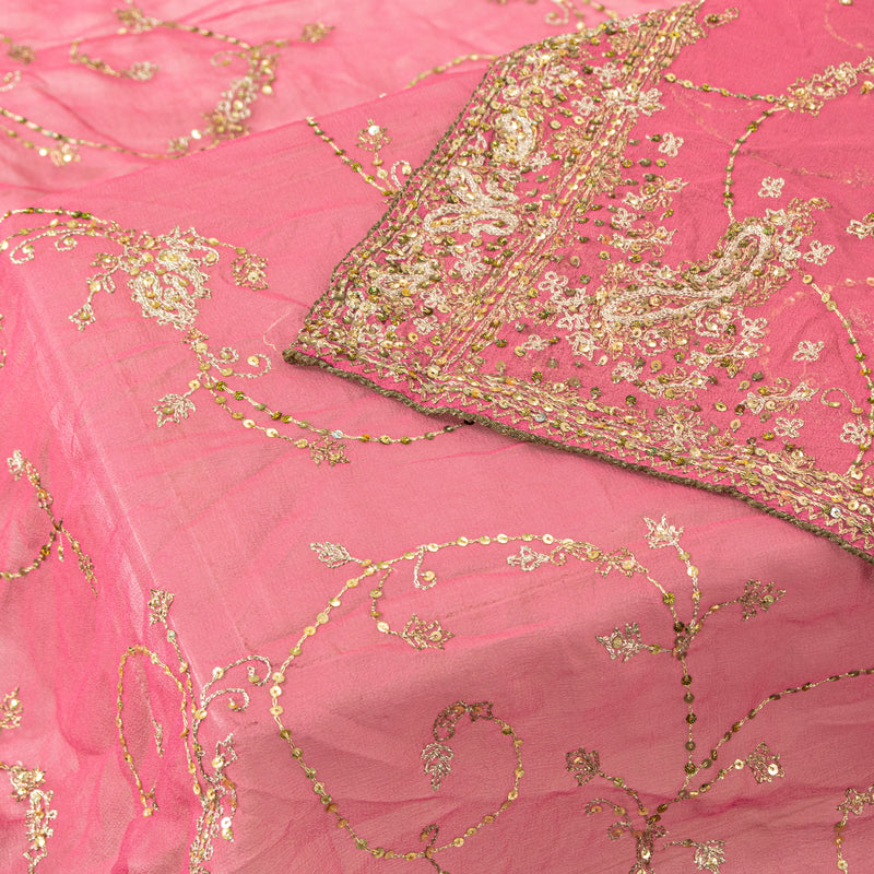 Sanskriti Vintage Pink Pure Georgette Silk Dupatta Stole Embroidered Zari Sequins Create Dresses, Kaftan, Skirt, Projects Decor, Sewing