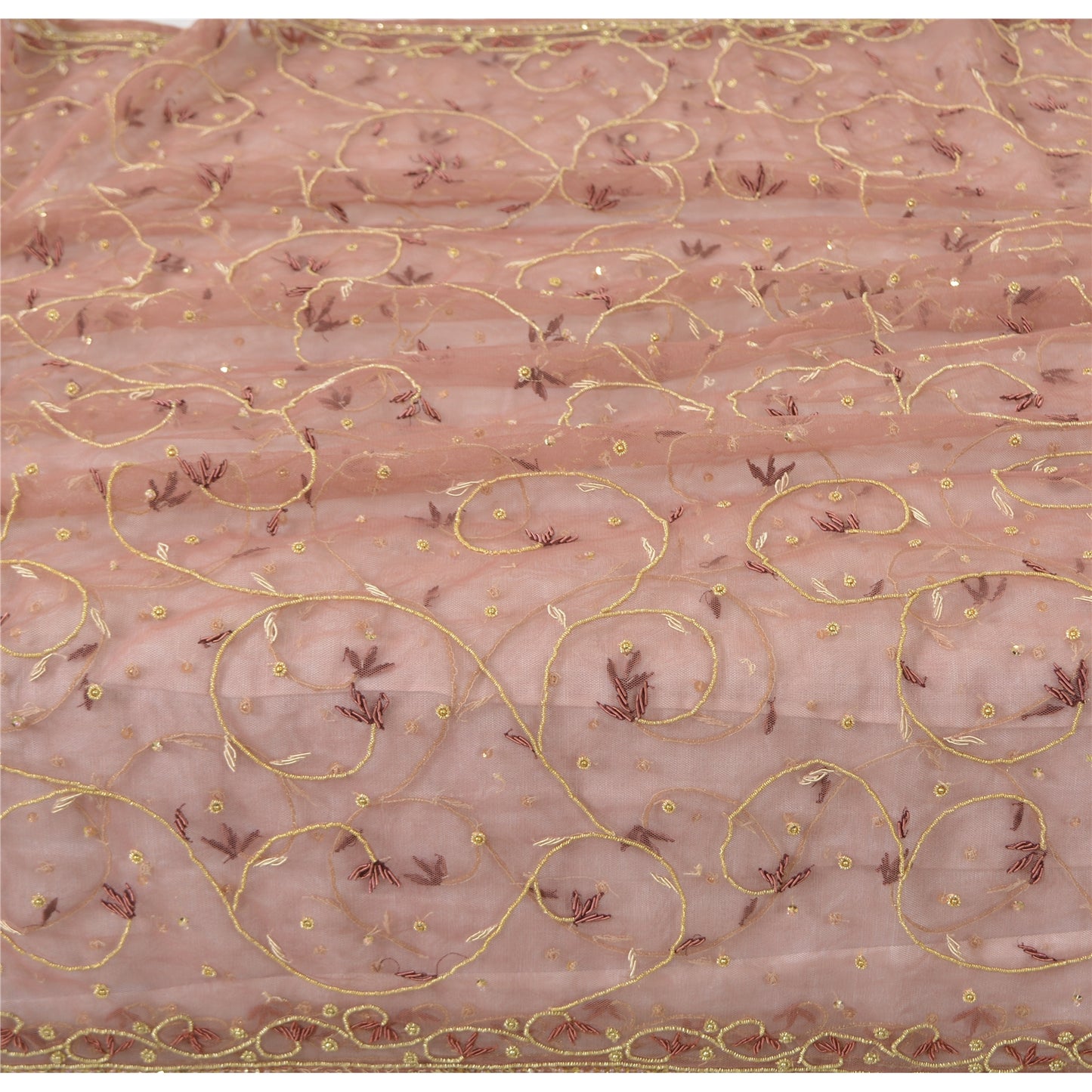 Sanskriti Vintage Pink Net Mesh Dupatta Hand Embroidery Zardozi Dabka Neck Stole