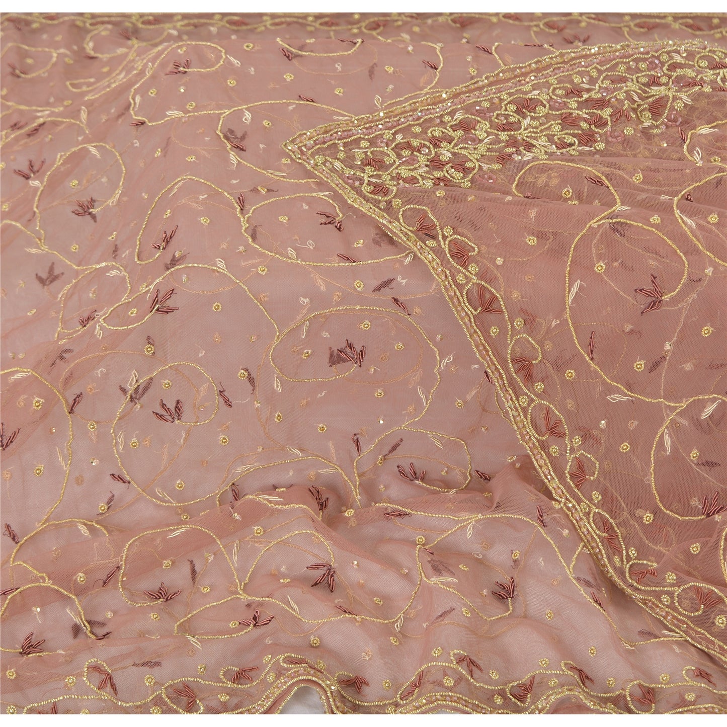 Sanskriti Vintage Pink Net Mesh Dupatta Hand Embroidery Zardozi Dabka Neck Stole