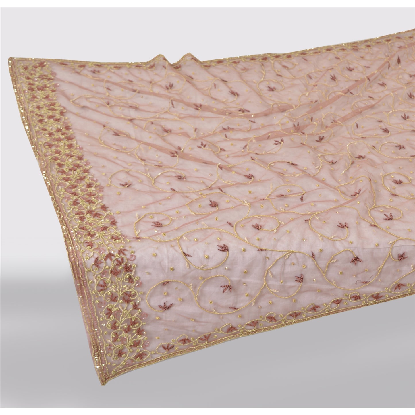 Sanskriti Vintage Pink Net Mesh Dupatta Hand Embroidery Zardozi Dabka Neck Stole