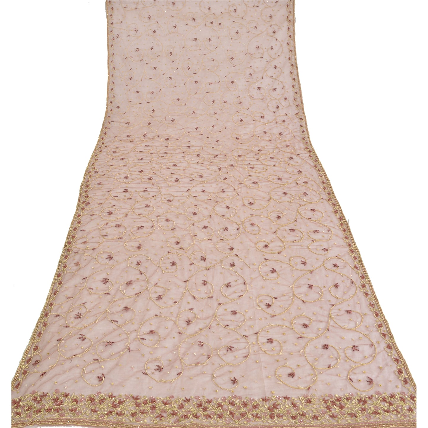 Sanskriti Vintage Pink Net Mesh Dupatta Hand Embroidery Zardozi Dabka Neck Stole