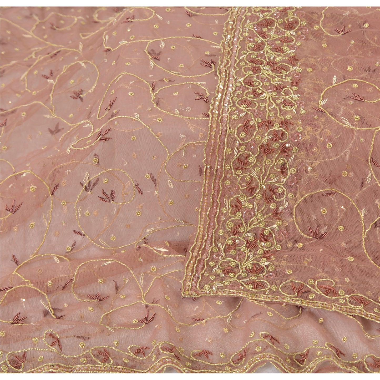 Sanskriti Vintage Pink Net Mesh Dupatta Hand Embroidery Zardozi Dabka Neck Stole