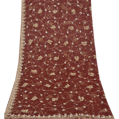 Sanskriti Vintage Dark Red Net Mesh Dupatta Long Stole Hand Beaded Zardozi Veil Uses-Table linen, Cushions, Curtains, Dressing, Home Decor