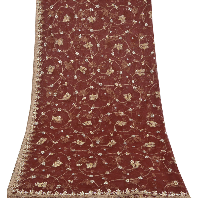 Sanskriti Vintage Dark Red Net Mesh Dupatta Long Stole Hand Beaded Zardozi Veil Uses-Table linen, Cushions, Curtains, Dressing, Home Decor