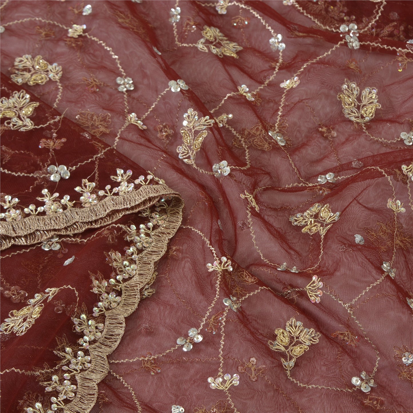 Sanskriti Vintage Dark Red Dupatta Long Stole Net Mesh Hand Beaded Zardozi Veil