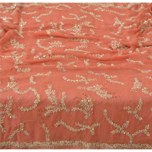 Sanskriti Vintage Koral Dupatta Lang Stol Ren Chiffon Silke Håndperlede Tørklæder