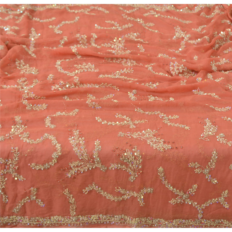 Sanskriti Vintage Koral Dupatta Lang Stol Ren Chiffon Silke Håndperlede Tørklæder