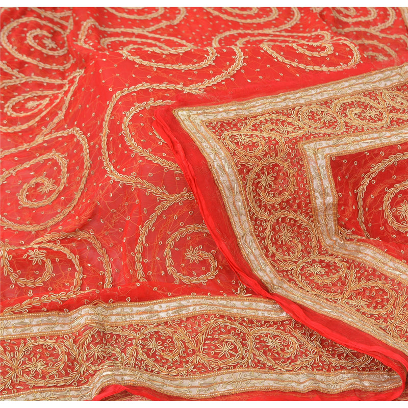 Sanskriti Vintage Red Dupatta Pure Chiffon Silk Long Stole Hand Embroidered Wrap Veil Crafting, Upcycling, Recycling, Dress Making, Decor