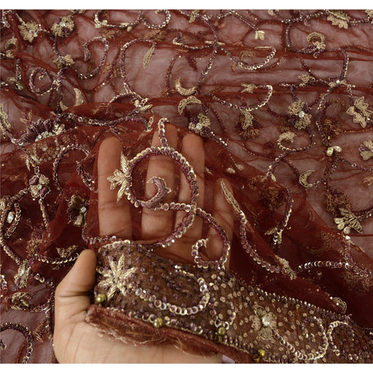 Sanskriti Vintage Maroon Dupatta Long Stole Net Mesh Hand Beaded Premium Scarves
