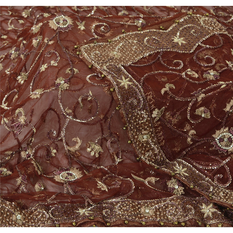 Sanskriti Vintage Dark Red Dupatta Long Stole Net Mesh Hand Beaded Zari Zardozi  Indian Heritage Textile Women Traditional Dress