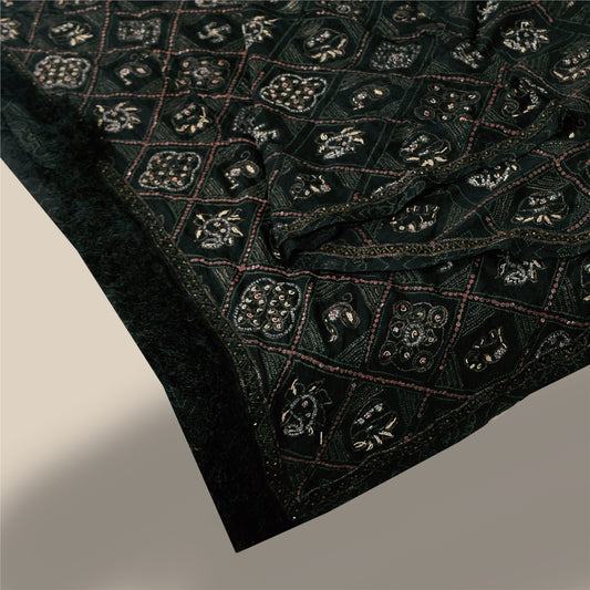 Sanskriti Vintage Black Dupatta Long Stole Pure Silk Hand Beaded Printed Scarves