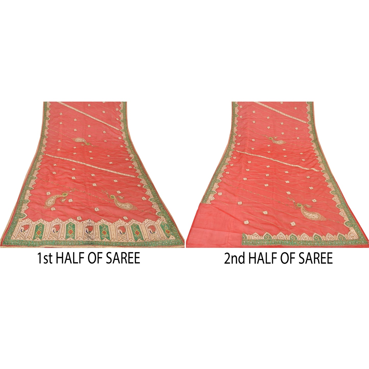 Sanskriti Vintage Red Wedding Dupatta Long Stole Pure Silk Hand Beaded Scarves