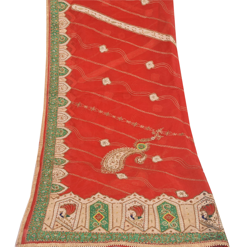 Sanskriti Vintage Red Wedding Dupatta Long Stole Pure Silk Hand Beaded Scarves