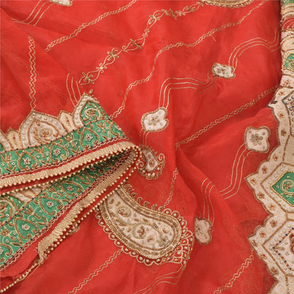 Sanskriti Vintage Red Wedding Dupatta Long Stole Pure Silk Hand Beaded Scarves