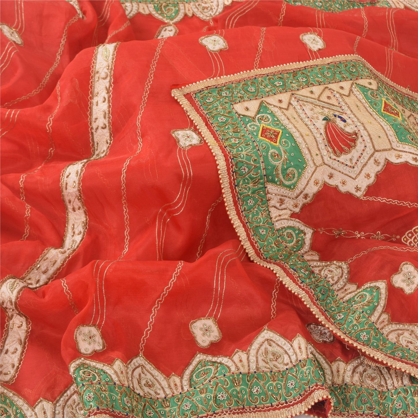 Sanskriti Vintage Red Wedding Dupatta Long Stole Pure Silk Hand Beaded Scarves