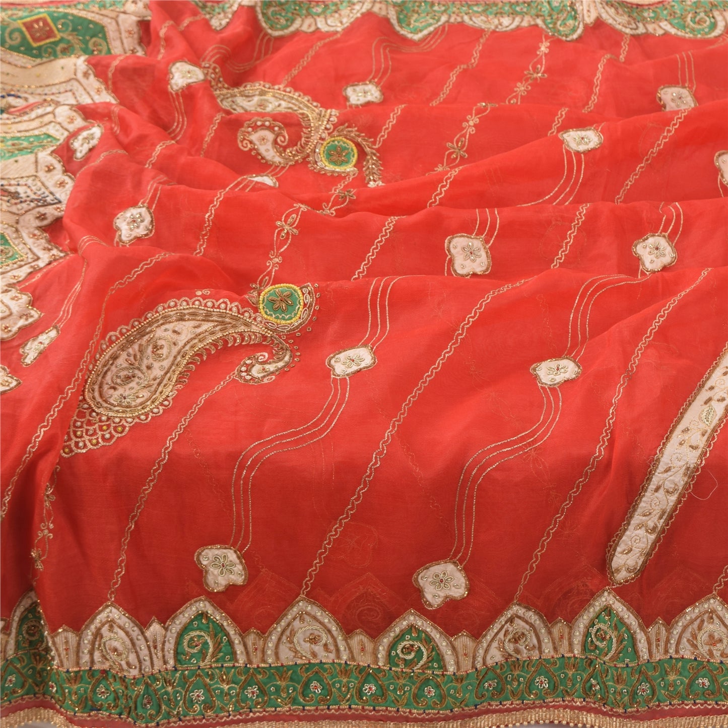 Sanskriti Vintage Red Wedding Dupatta Long Stole Pure Silk Hand Beaded Scarves
