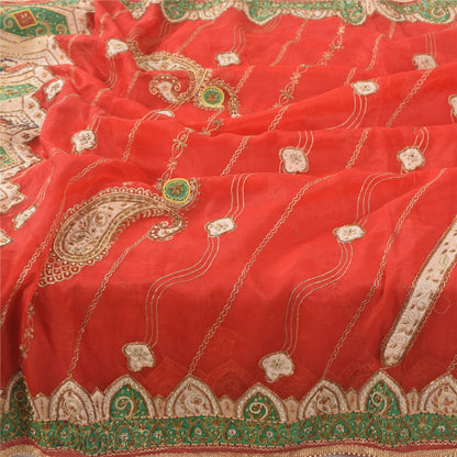 Sanskriti Vintage Red Wedding Dupatta Long Stole Pure Silk Hand Beaded Scarves