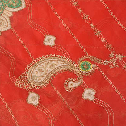 Sanskriti Vintage Red Wedding Dupatta Long Stole Pure Silk Hand Beaded Scarves