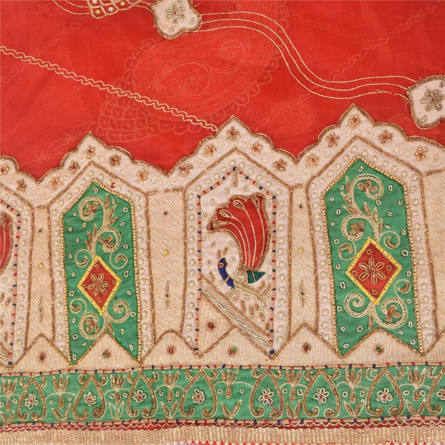 Sanskriti Vintage Red Wedding Dupatta Long Stole Pure Silk Hand Beaded Scarves