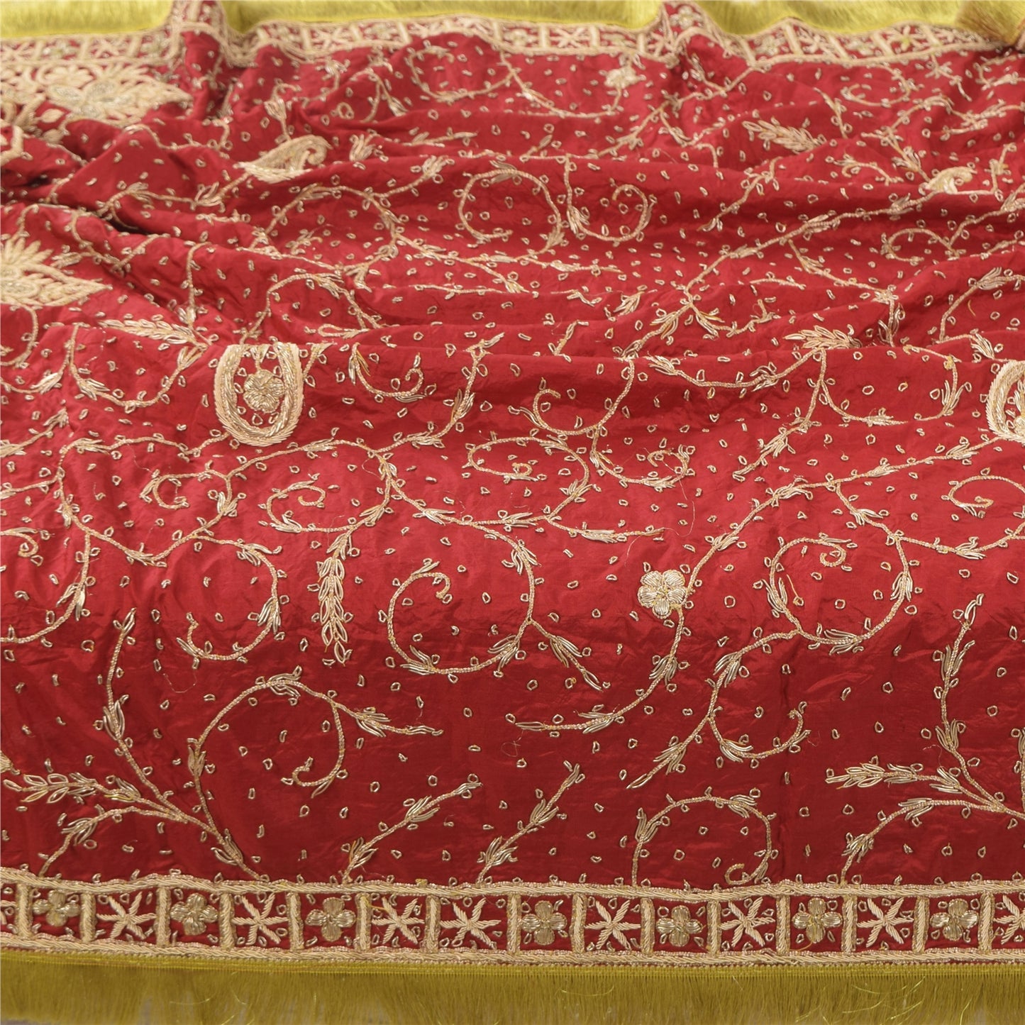 Sanskriti Vintage Red Dupatta Long Stole Pure Silk Hand Beaded Premium Wrap Veil