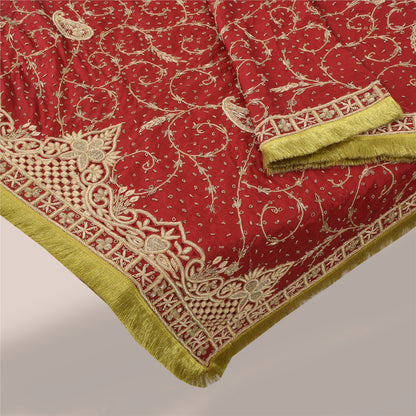 Sanskriti Vintage Red Dupatta Long Stole Pure Silk Hand Beaded Premium Wrap Veil