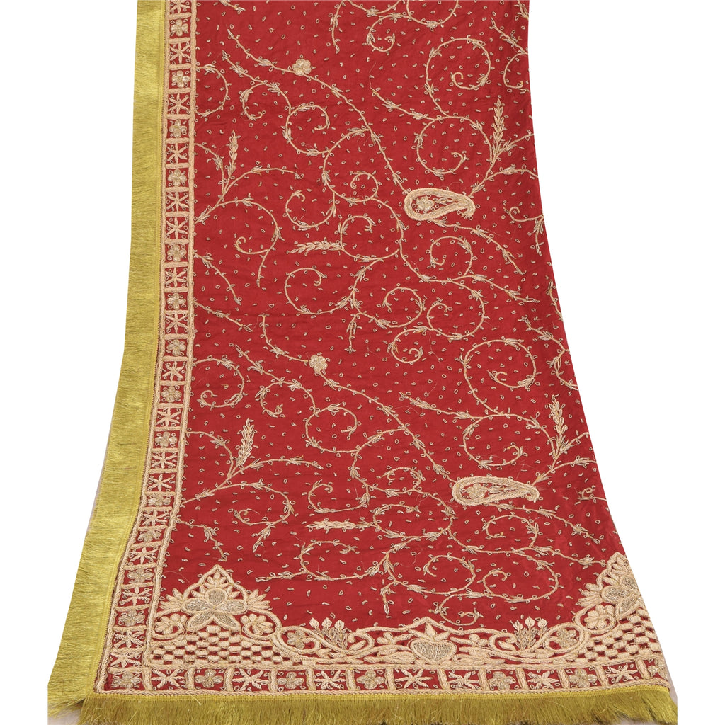 Sanskriti Vintage Red Dupatta Long Stole Pure Silk Hand Beaded Premium Wrap Veil