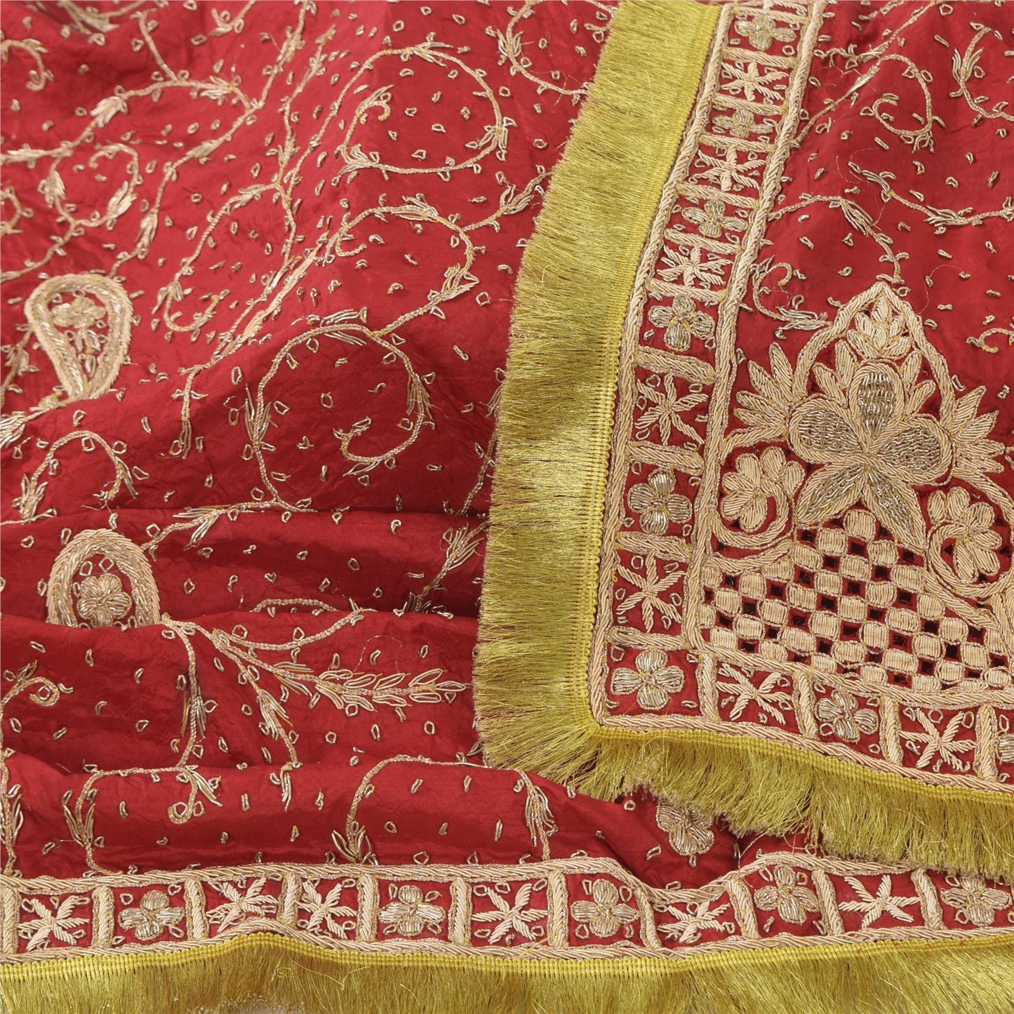 Sanskriti Vintage Red Dupatta Long Stole Pure Silk Hand Beaded Premium Wrap Veil
