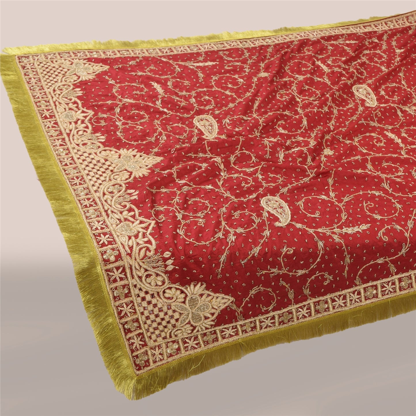 Sanskriti Vintage Red Dupatta Long Stole Pure Silk Hand Beaded Premium Wrap Veil