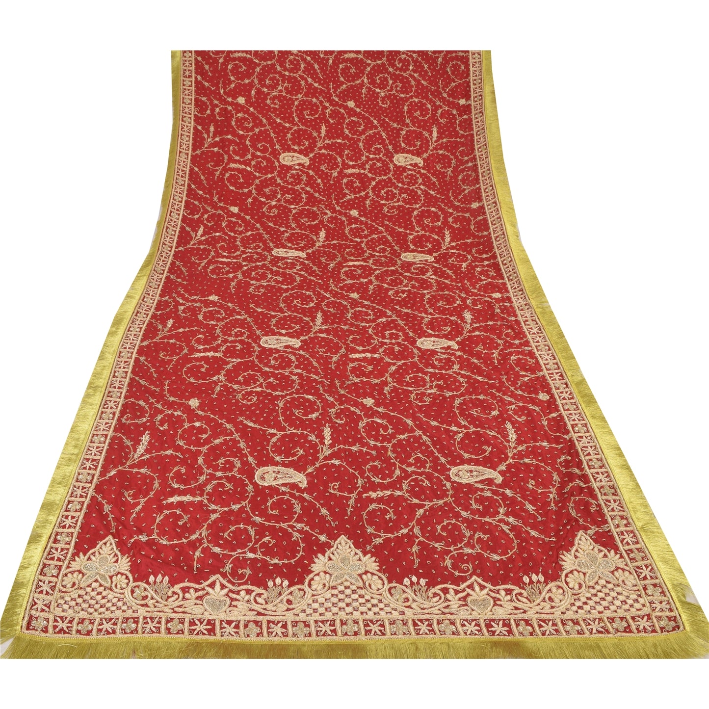 Sanskriti Vintage Red Dupatta Long Stole Pure Silk Hand Beaded Premium Wrap Veil