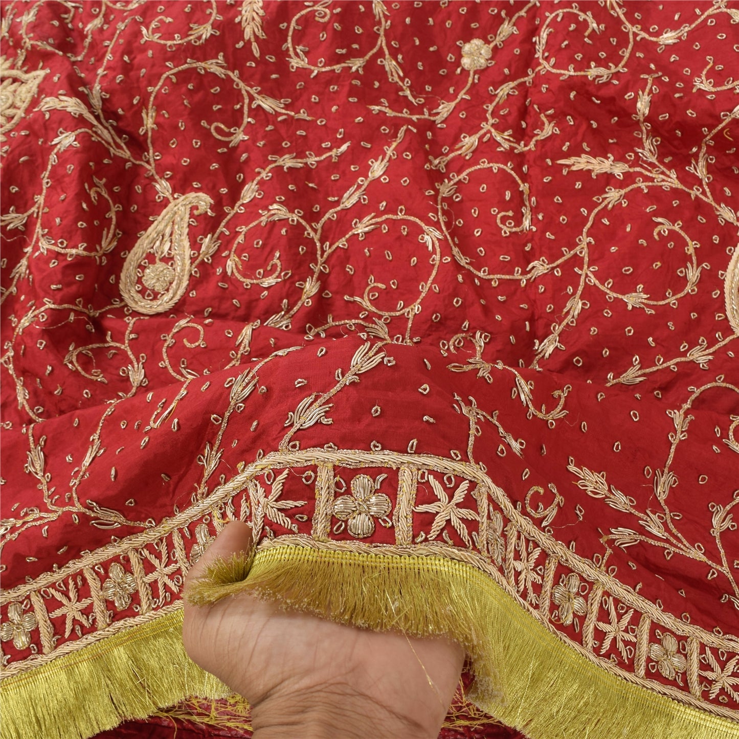 Sanskriti Vintage Red Dupatta Long Stole Pure Silk Hand Beaded Premium Wrap Veil