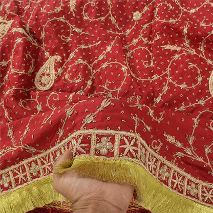 Sanskriti Vintage Red Dupatta Long Stole Pure Silk Hand Beaded Premium Wrap Veil