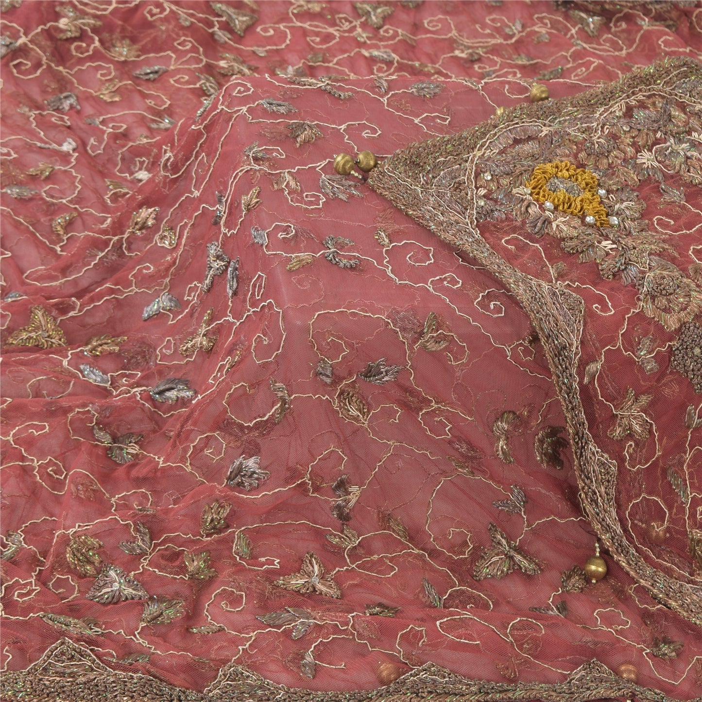 Sanskriti Vintage Mauve Dupatta Long Stole Net Hand Beaded Premium Wrap Scarves