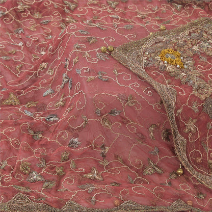 Sanskriti Vintage Mauve Dupatta Long Stole Net Hand Beaded Premium Wrap Scarves