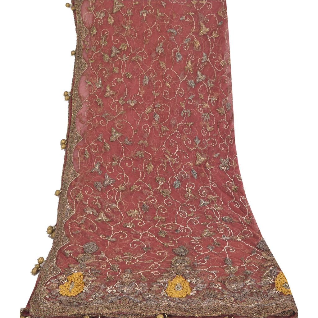 Sanskriti Vintage Mauve Dupatta Long Stole Net Hand Beaded Premium Wrap Scarves