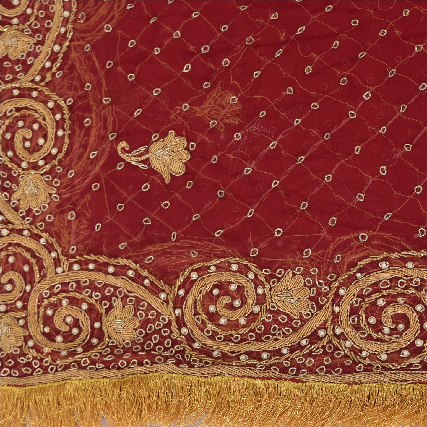 Sanskriti Vintage Red Dupatta Long Stole Pure Chiffon Hand Beaded Ethnic Scarves