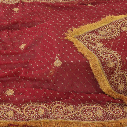 Sanskriti Vintage Red Dupatta Long Stole Pure Chiffon Hand Beaded Ethnic Scarves
