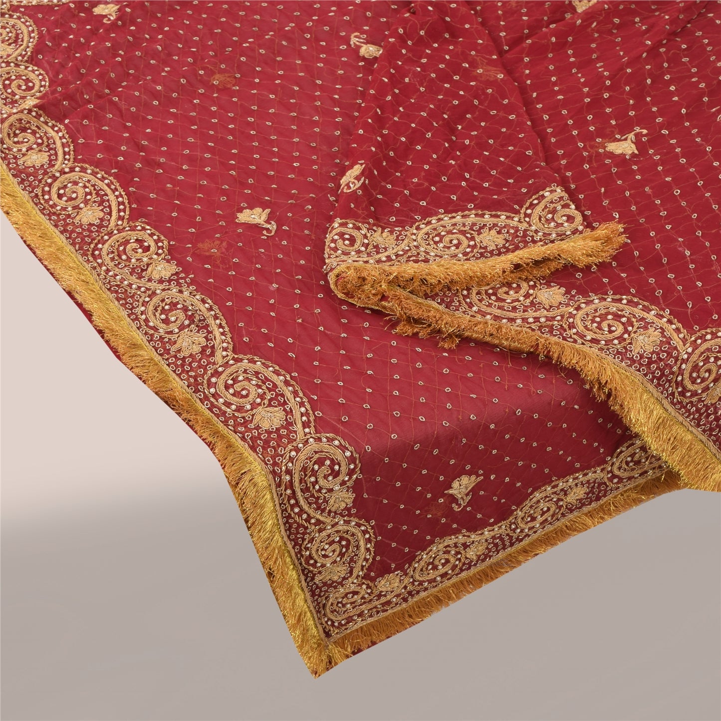 Sanskriti Vintage Red Dupatta Long Stole Pure Chiffon Hand Beaded Ethnic Scarves