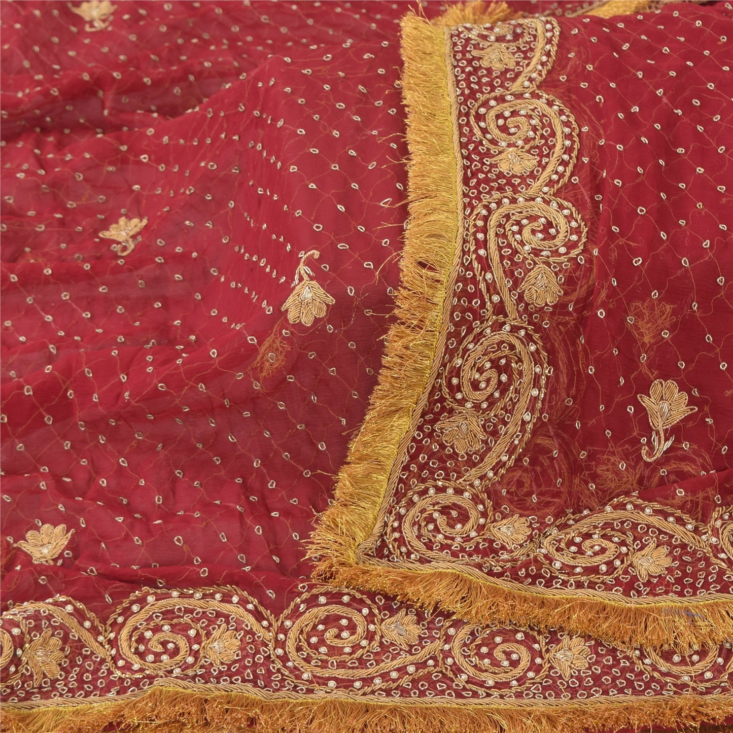 Sanskriti Vintage Red Dupatta Long Stole Pure Chiffon Hand Beaded Ethnic Scarves